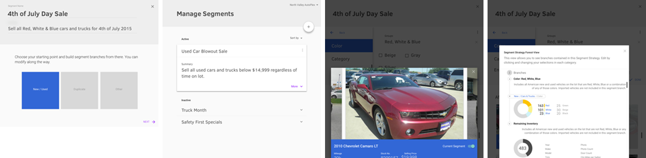 Cox Automotive: The shipped flow: choosing a starting point for a segment, managing active and inactive segments, filtering by color and category, and previewing the remaining inventory forecast.