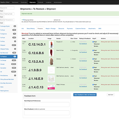 NadineWest: Before: the original returns table crammed status, SKU, image, feedback, and restock decisions into dense rows employees had to read line by line under warehouse time pressure.